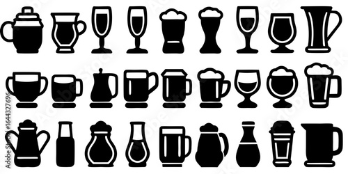 Assortment of black and white beverage glasses and pitchers including beer mugs wine glasses and jugs