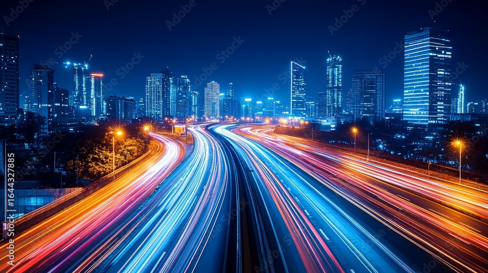 Fototapeta premium Night cityscape with vibrant highway light trails. Modern skyscrapers line the expressway, illuminated at night