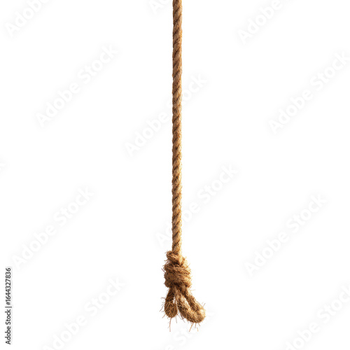 A close-up view of a thick, light brown rope hanging vertically, tied with a simple knot at its lower end against a black background