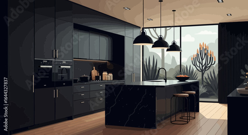 Sleek modern kitchen design with monochromatic black cabinetry and minimalist aesthetics