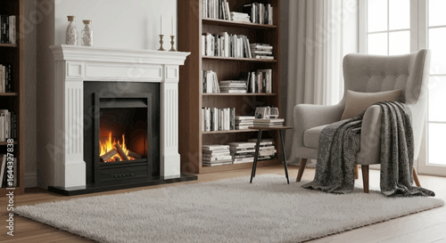 Inviting living room interior with fireplace, armchair, and bookcase ambiance