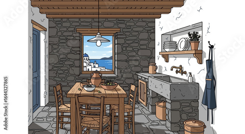 Charming Mediterranean Kitchen Interior with Traditional Elements and Sea View