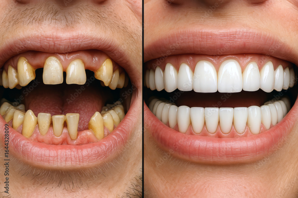 Fototapeta premium Dramatic smile restoration close-up showing severely decayed and discolored teeth transformed into perfectly aligned bright white set through advanced dental reconstruction