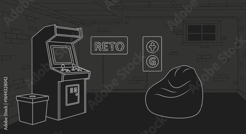 Vintage Arcade Room Illustration with Retro Gaming Setup and Relaxing Ambience