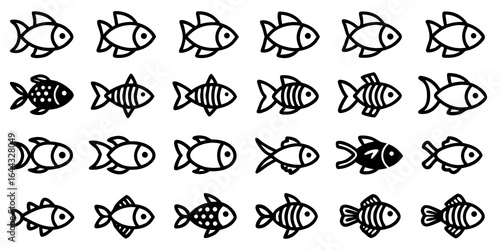 Extensive array of stylized fish icons in black and white depicting different species and patterns aquatic animal