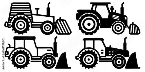 Four distinct black and white silhouette icons of tractors with different attachments farming agriculture