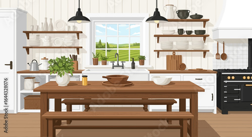 Cozy country kitchen interior featuring natural light and rustic wooden furniture