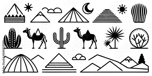 Desert Landscape and Wildlife Icons in Black and White Line Art pyramid sphinx