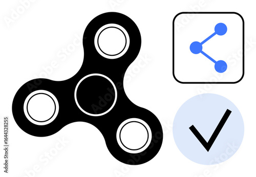 Black fidget spinner, blue share icon, and simple checkmark in a circle combine playful design with functionality. Ideal for innovation, collaboration, approval, creativity, productivity, sharing