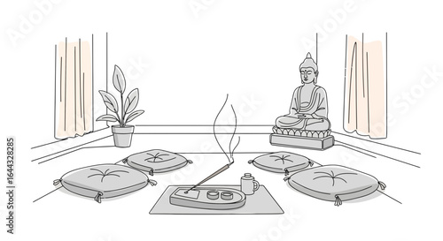 Serene meditation space featuring a Buddha statue, cushions, and incense