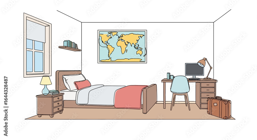 Fototapeta premium Comfortable and functional student room with bed, desk and world map