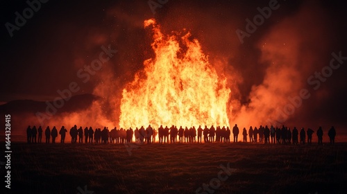 Nighttime bonfire, many silhouettes