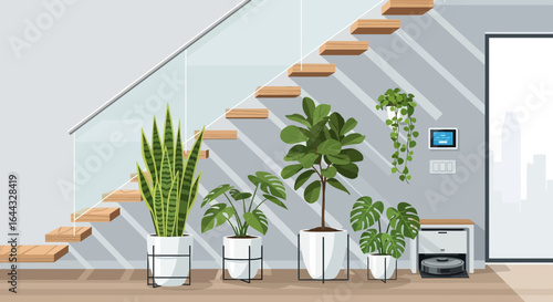 Indoor serenity: Houseplants flourish under minimalist stairs in a modern home