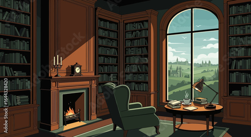 Vintage library interior with cozy fireplace and countryside view illustration