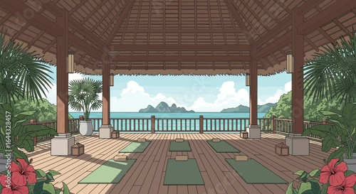 Tranquil Yoga Retreat Pavilion with Ocean View and Tropical Surroundings