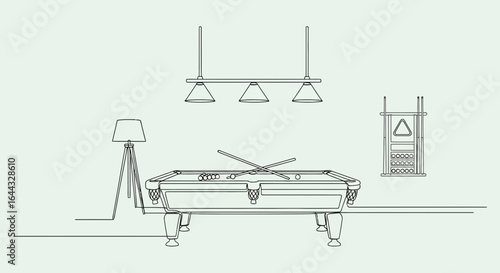 Minimalist line drawing depicting a billiard room with table and accessories