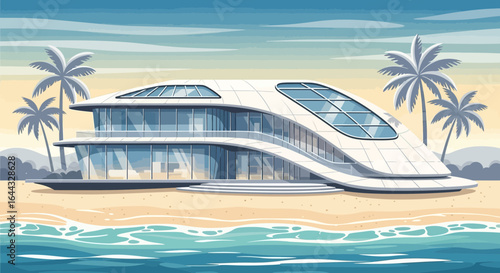 Futuristic beach house illustration with unique architectural design and palm trees