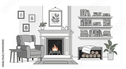 Cozy monochrome living room illustration with fireplace and bookcase ambiance