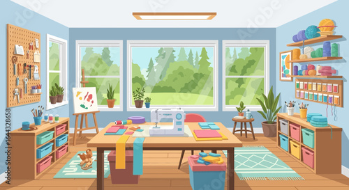 Bright and organized crafting room with sewing, painting, and supplies