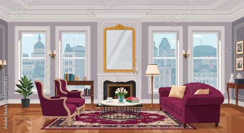 Elegant living room interior design with classic elements and city view