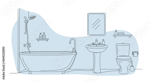 Minimalist bathroom illustration showcasing a bathtub, sink, and toilet