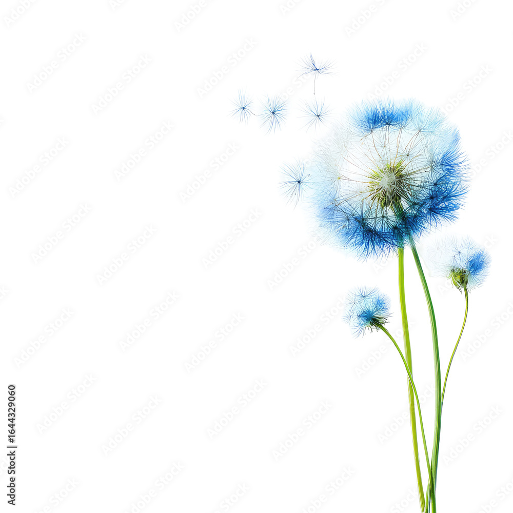 Fototapeta premium A cluster of light blue dandelion seed heads, stems, and delicate blossoms against a stark black backdrop