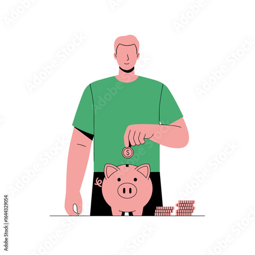 A young man putting a coin into a piggy bank, a concept of personal finance, saving money, and future investment planning.
