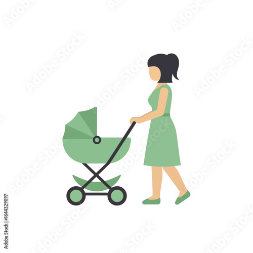 Woman pushing a green stroller, a mother and baby symbol of parenting and family life
