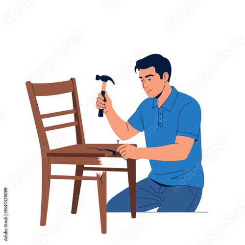 Focused craftsman expertly repairing a broken chair, showcasing diligent home maintenance with precision tools and efficient technique.
