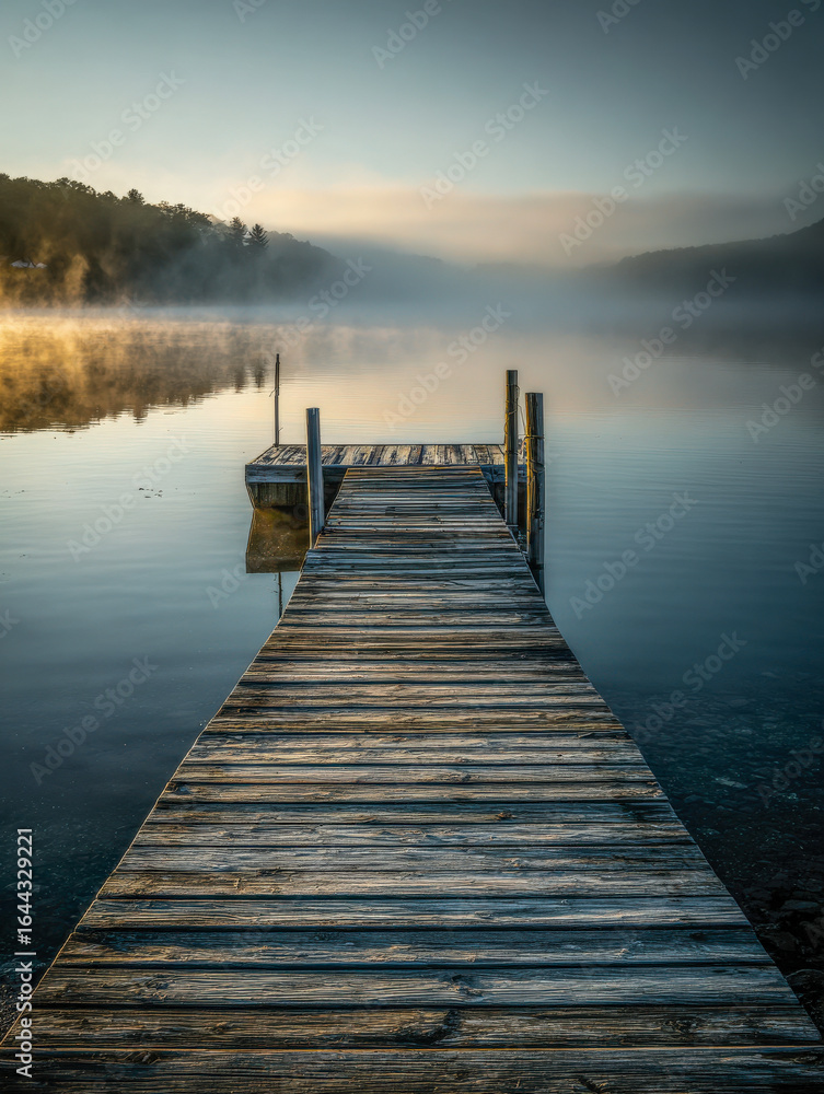 Naklejka premium Glassy lake mirrors soft sunrise light as mist drifts above the water. A rustic dock invites stillness in this high-resolution vertical image, ideal for modern spaces with natural charm.