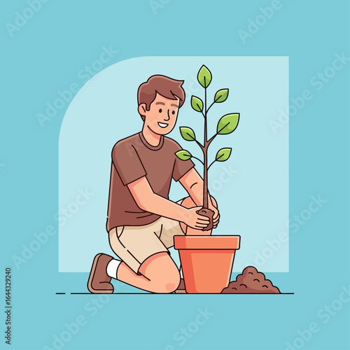 Man planting a sapling in a pot, nurturing nature, and promoting environmental growth