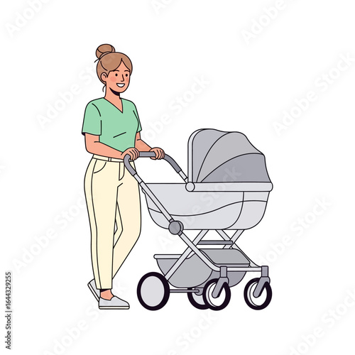 A happy young mother pushing a baby stroller on a walk. Modern flat vector illustration of parenthood and childcare.
