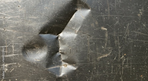 Dented dark metal surface with visible scratches and dust