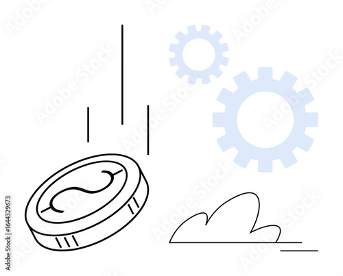 Coin falling toward the ground with two gear shapes in the background symbolizing finance, economics, decline, risk, business losses, technology impact, and growth analysis. Ideal for money
