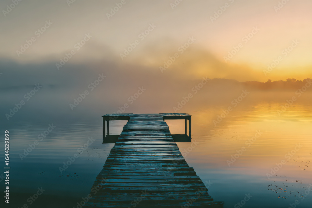 Obraz premium A tranquil morning scene with a rustic dock leading into mist over a glassy lake. Captured in high-resolution vertical format, highlighting serene light, reflections, and peaceful natural surroundings