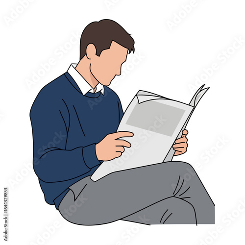 Man Reading Newspaper Illustration Relaxed Posture, Focused Expression
