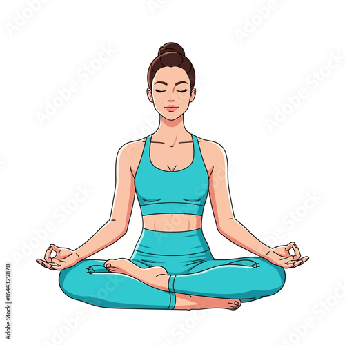 Serene woman in blue sportswear practicing yoga meditation, lotus pose vector illustration whisk_ra7ium_via_RJ_Whisk_Auto.ai