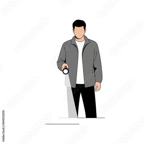 Man using a flashlight to explore in the darkness. Minimalist vector art concept for search, mystery, and discovery.
