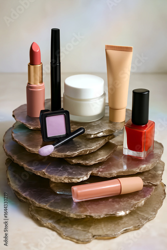 Makeup set, mascara, lipstick, face cream and foundation, nail polish and eyeshadow on mica plates.
