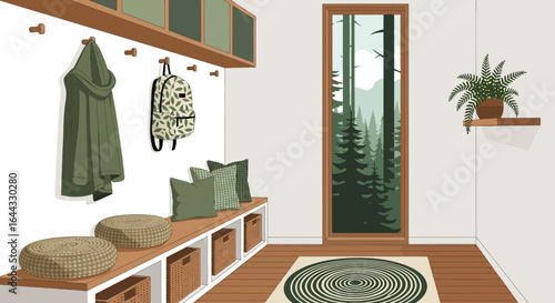 Stylized hallway with woodland view window, coat rack, and natural elements