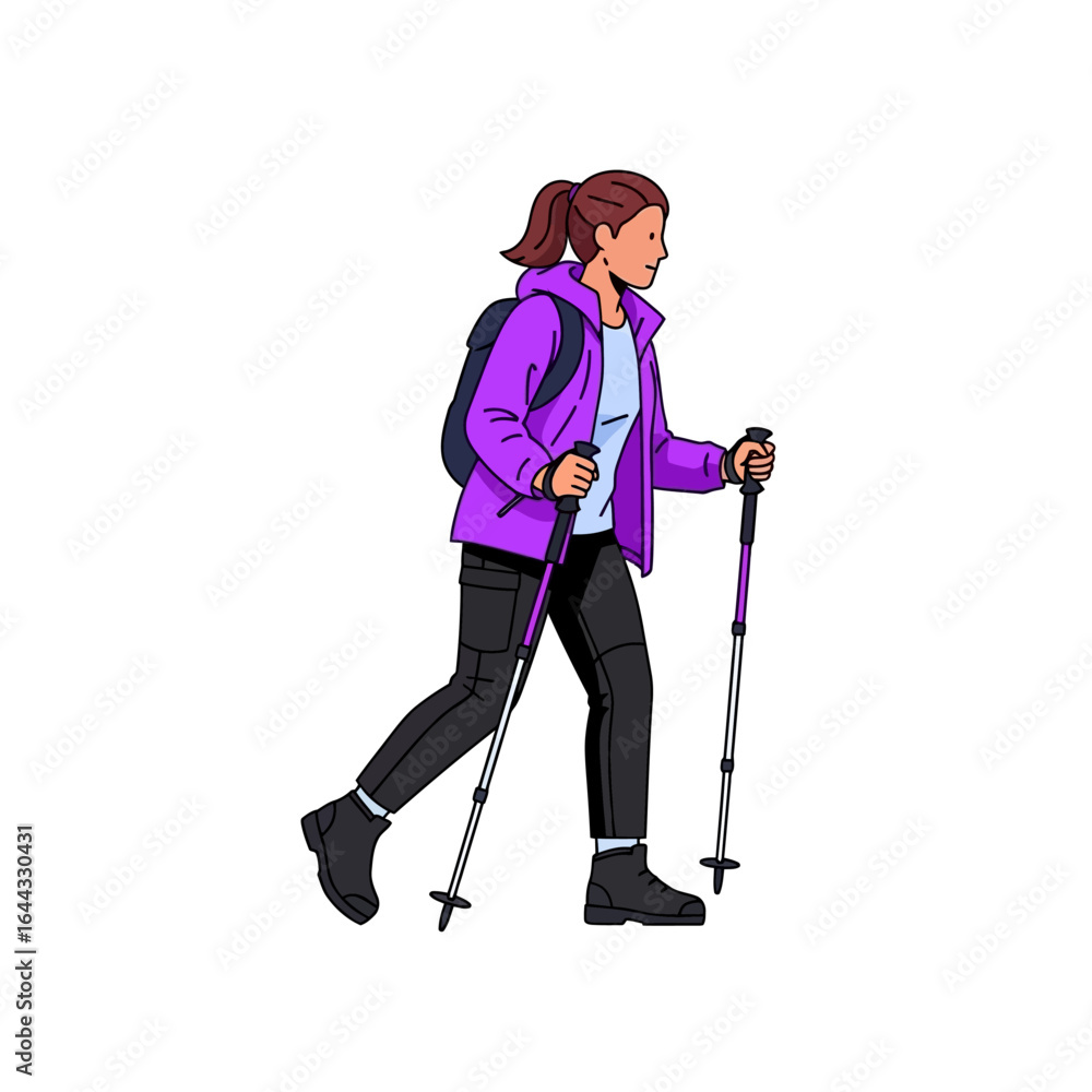 Woman hiking with poles and backpack, illustration Woman hiking with poles and backpack, illustration