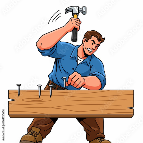 Skilled craftsman diligently hammering nails into a wooden plank with focus and precision