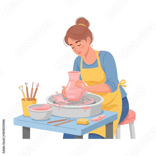 Woman crafting pottery on a wheel in a studio, a creative process whith the art