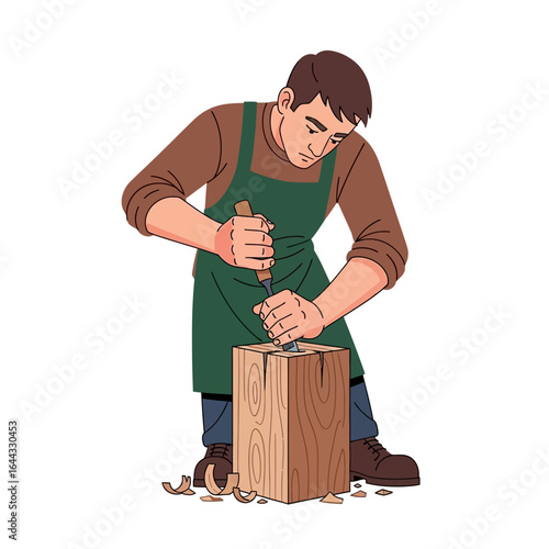 Woodworker carving wood block with chisel and hammer, showing the art of craftsmanship.