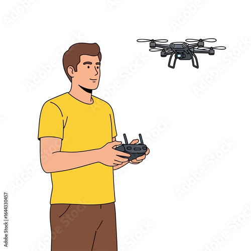 Enthusiastic Young Man Operating a Modern Recreational Drone with Remote Control for Hobby Flying and Aerial Exploration