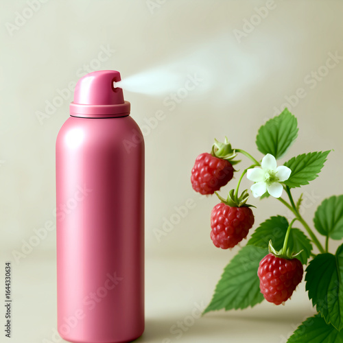 A light pink spray deodorant bottle with perfume on a neutral background with a raspberry sprig.
