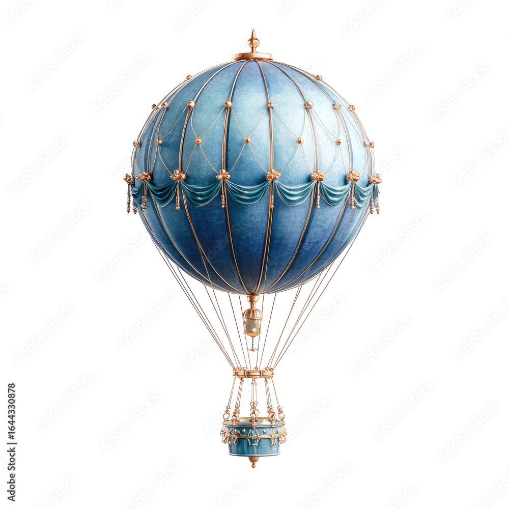 Fototapeta premium An ornate, blue and gold hot air balloon, detailed with elegant fabric and a rose-gold gondola, floats against a black background