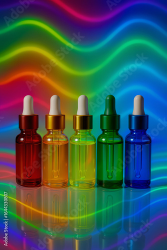 Multicolored bottles of essential oil against a glass display case with rainbow wave-shaped lighting.

