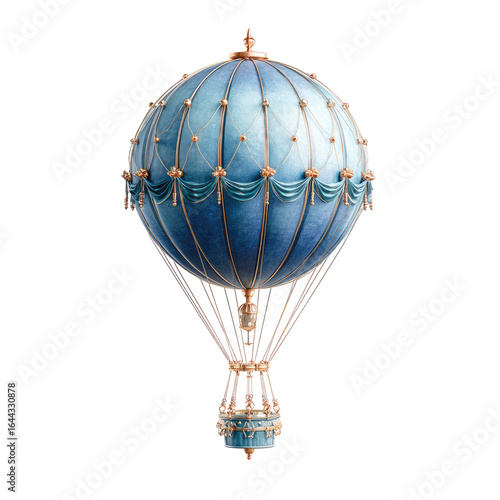An ornate, blue and gold hot air balloon, detailed with elegant fabric and a rose-gold gondola, floats against a black background