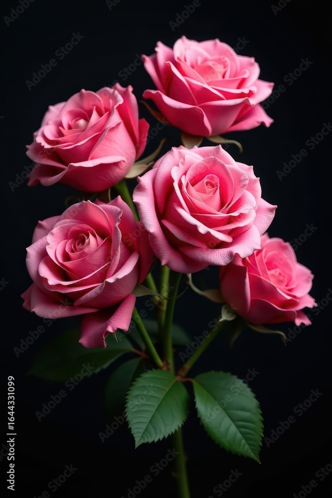 Obraz premium A lush bouquet of pink roses, velvety petals against a deep black backdrop , delicate, contrast, anniversary